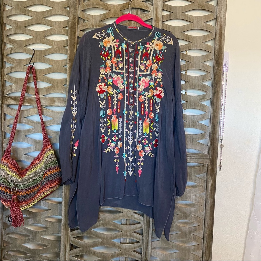 Johnny Was Blue Embellished Tunic with Mandarin Collar